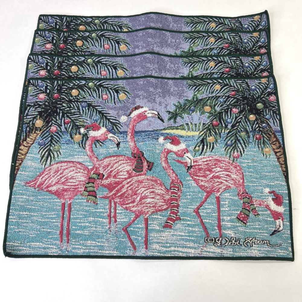 Debi Khan Woven Placemats Set of 4 Tropical Christmas Flamingos Santa Hats 18x12